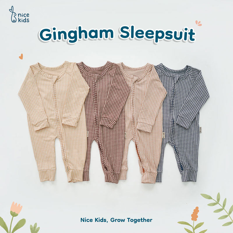 Nice Kids - Gingham Sleepsuit Bayi Motif Kotak Korea (Baby Sleepsuit Romper Jumper Baju Tidur Bayi 0-2 Tahun)