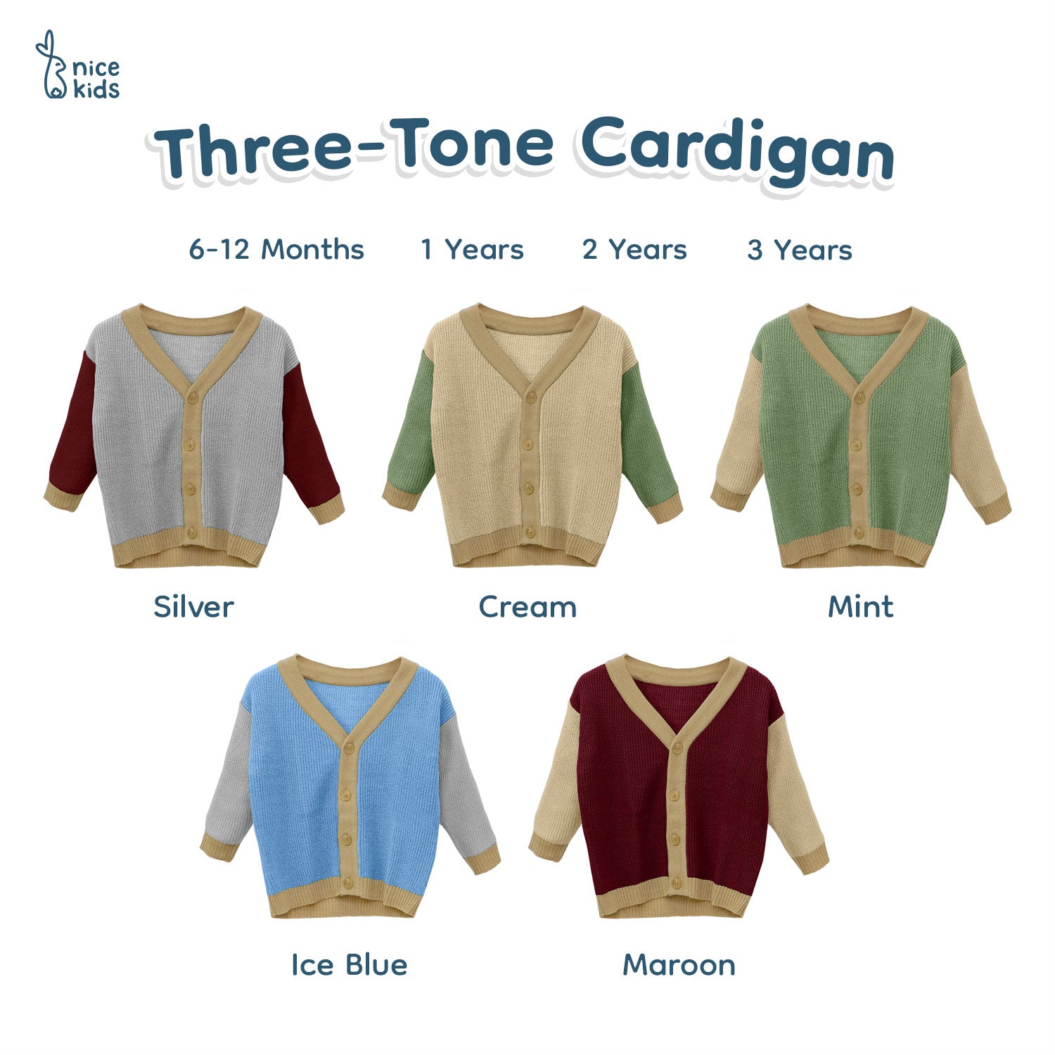 Nice Kids - Winter Three Tone Knit Cardigan Baby Unisex Kardigan Baju Hangat Bayi (6-12 Bulan - 4 Tahun)